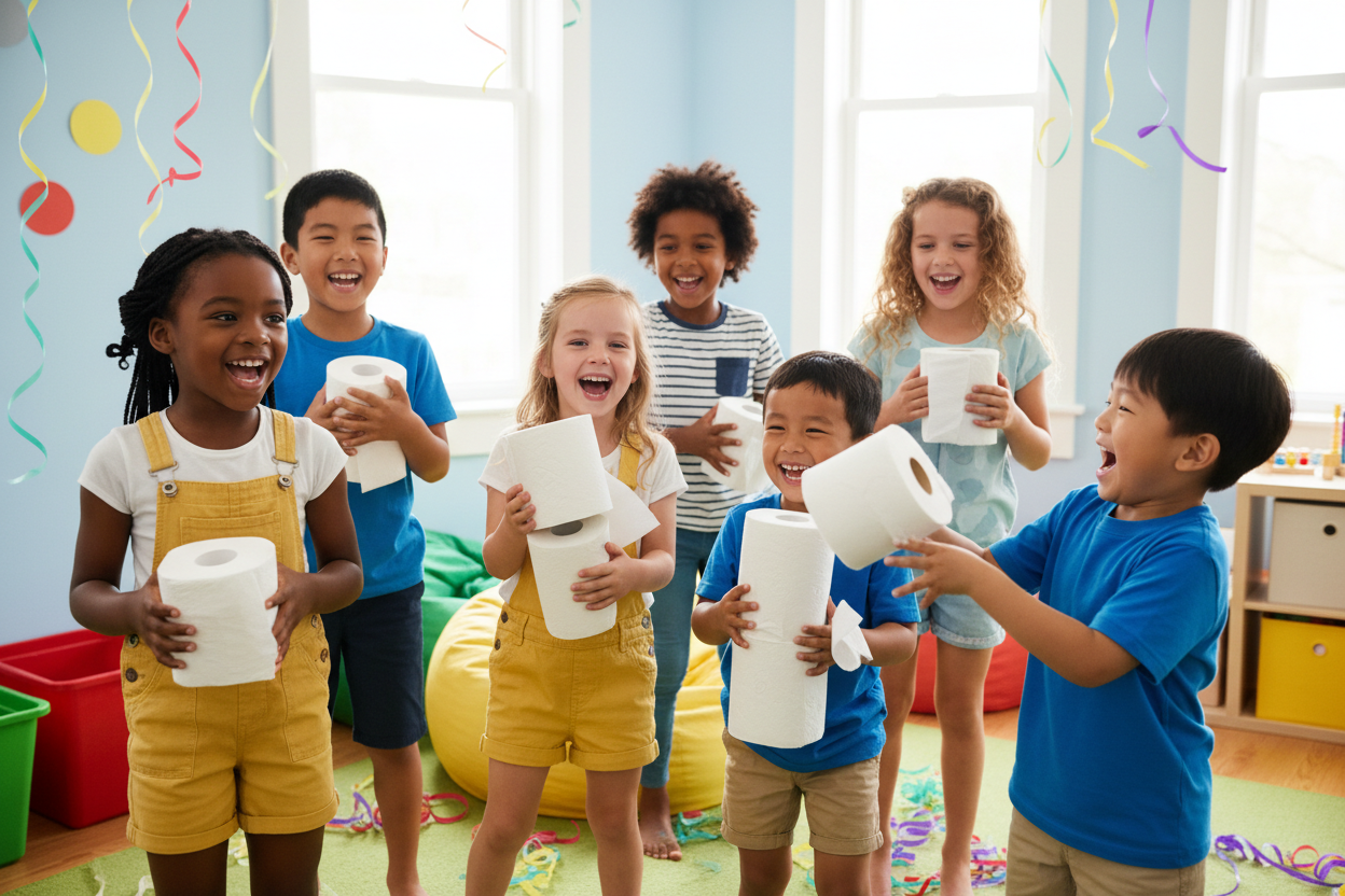 glada barn med toalettpapper barn med olika ursrung